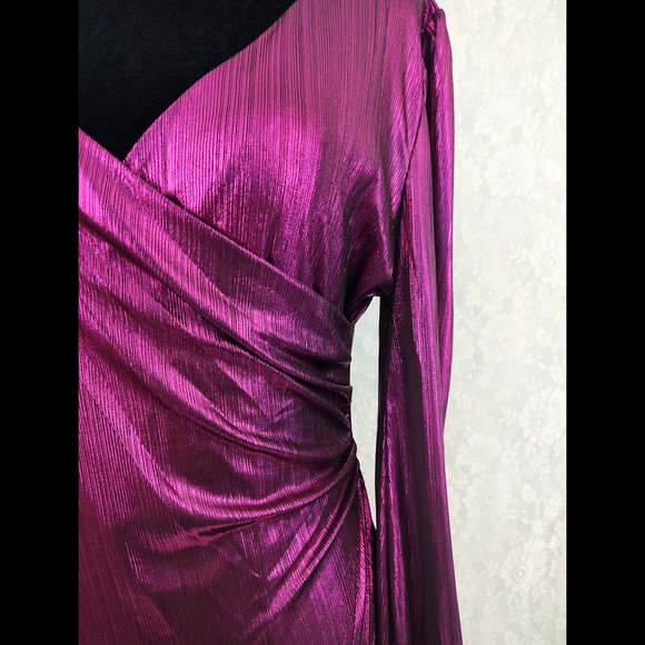 Shiny Wrap Bodycon Long Sleeve Deep V-neck Mini Dress Purple - Picture 7 of 10